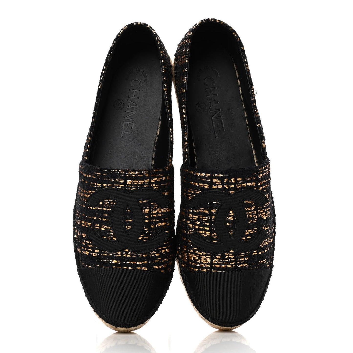Metallic Tweed Grosgrain CC Espadrilles 39 Black Gold