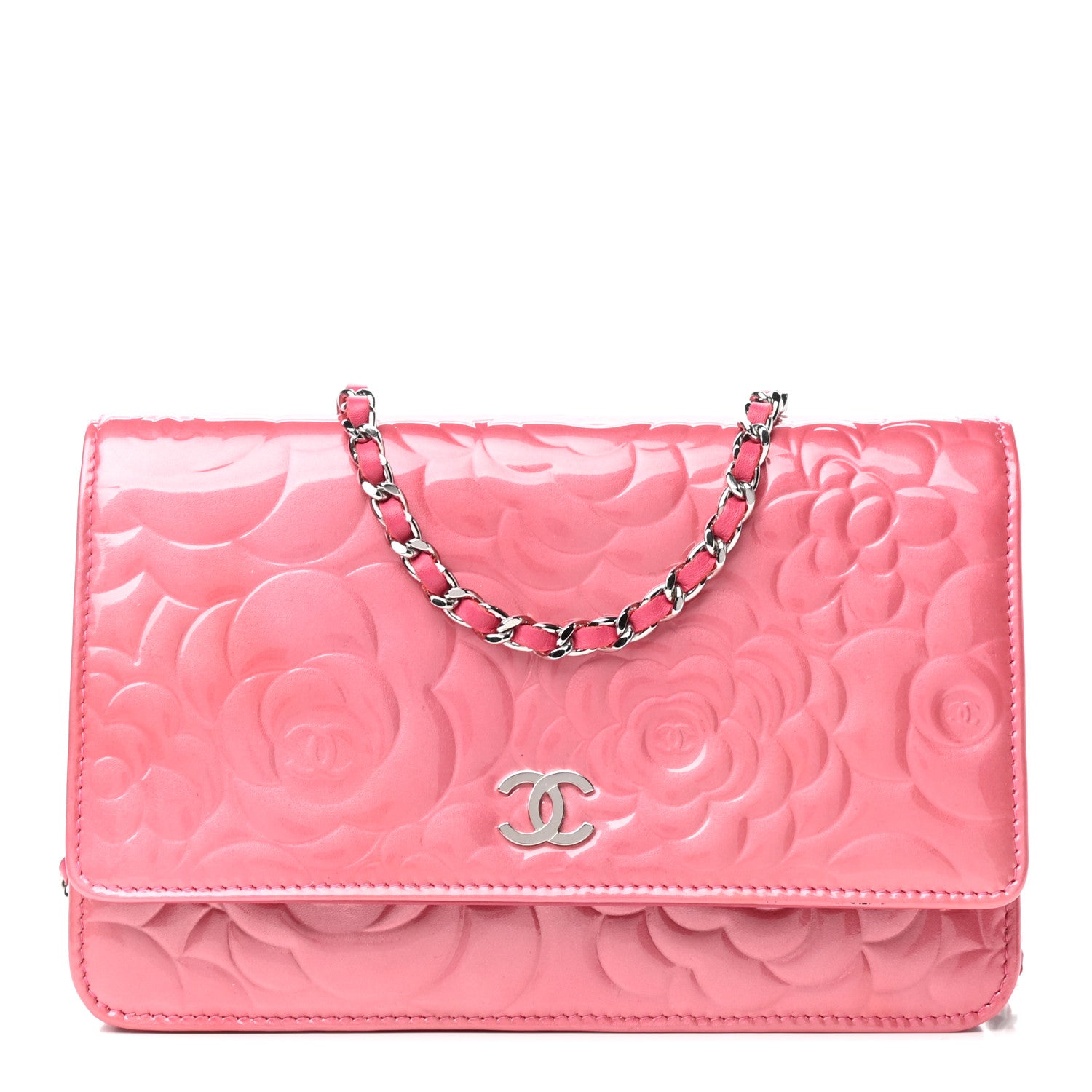 Chanel Patent Camellia Embossed Wallet on Chain WOC Rose 1 of 11