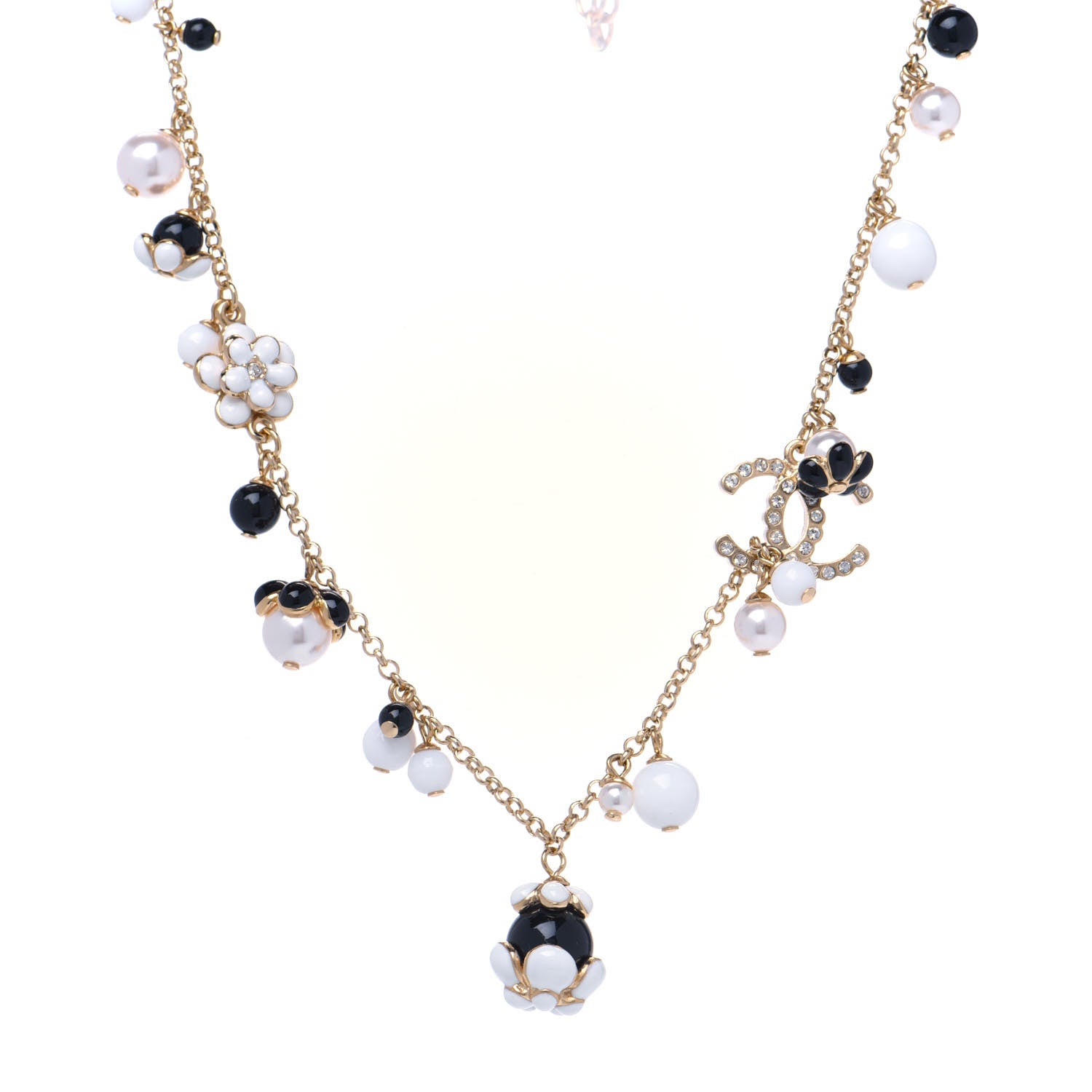 Chanel Pearl Crystal Bead CC Necklace Gold Black White 1 of 3