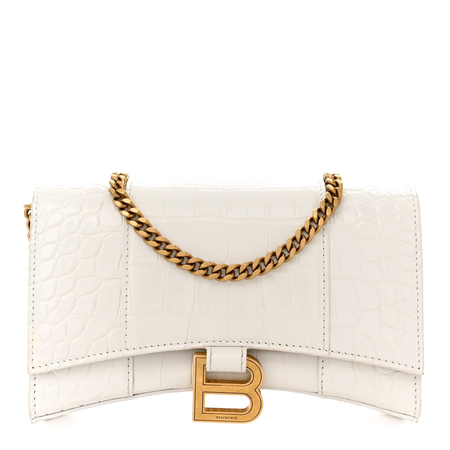 Shiny Calfskin Crocodile Embossed Hourglass Chain Bag Cream