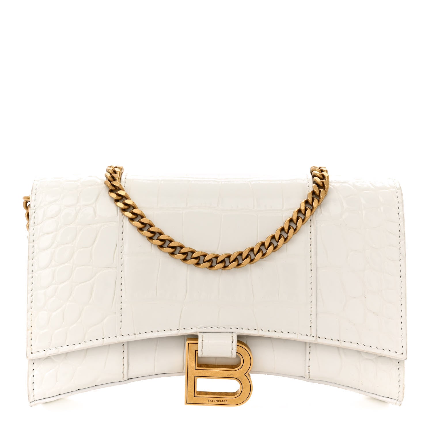 Balenciaga Shiny Calfskin Crocodile Embossed Hourglass Chain Bag Cream 1 of 14