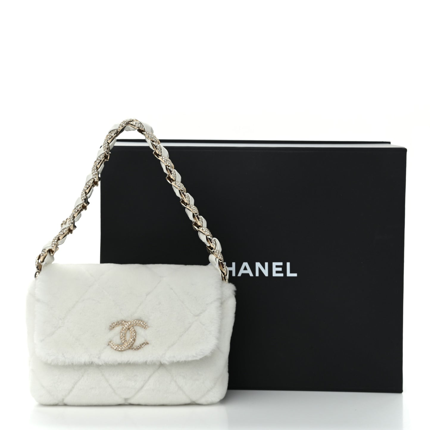 Shearling Lambskin Crystal Strass Flap White