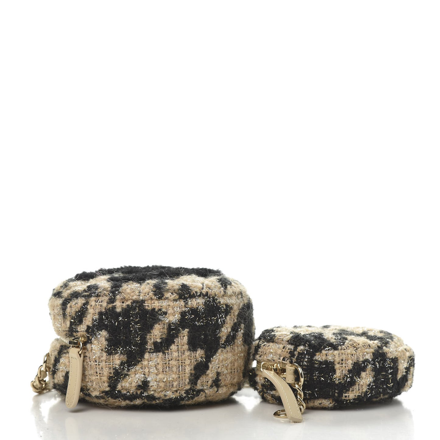 Tweed Shearling Round Clutch With Chain and Coin Purse Beige Black