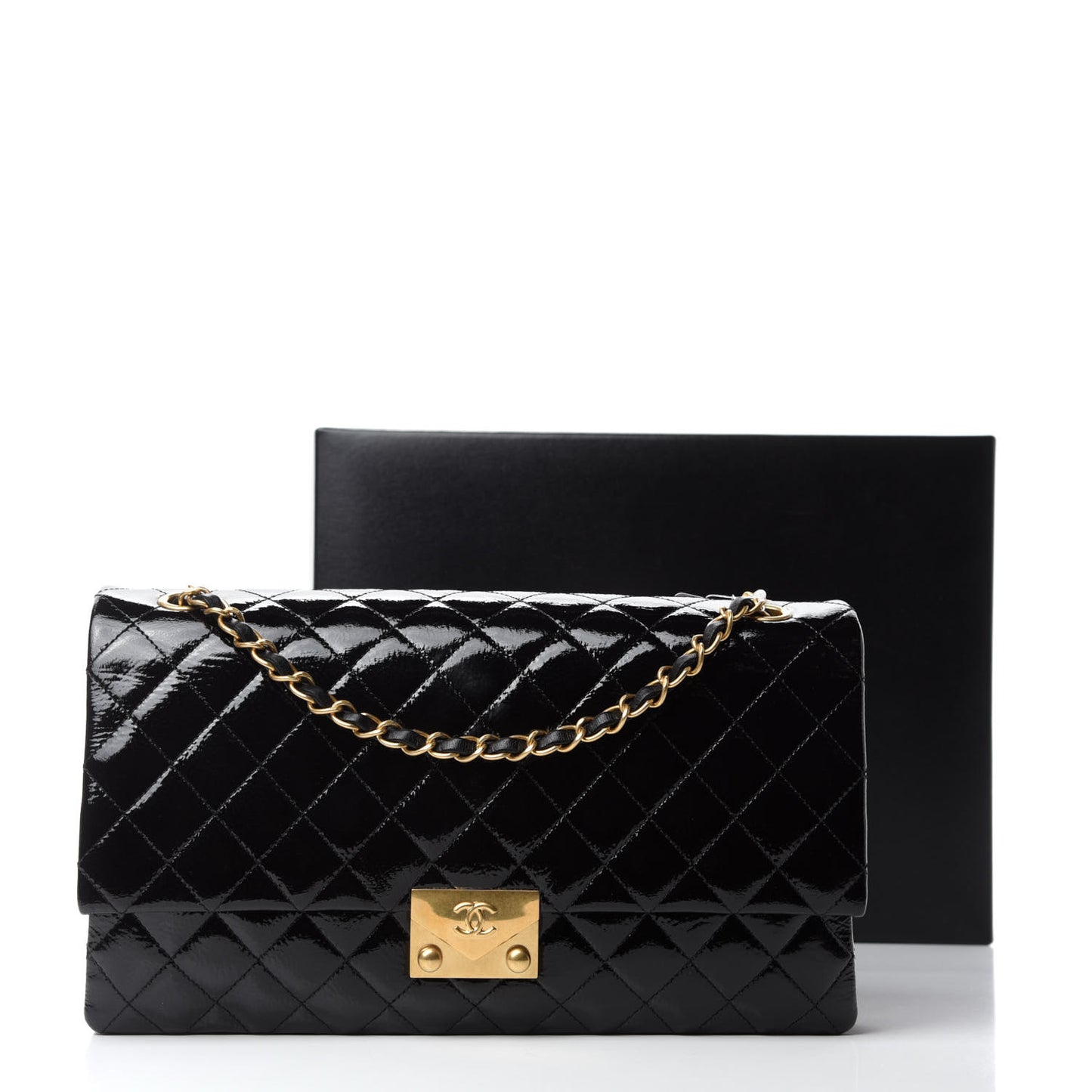 Patent Goatskin Quilted 3 Pocket Accordion Flap Black
