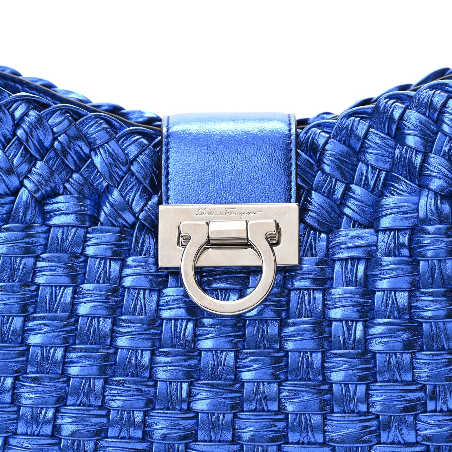 Metallic Woven Calfskin Trifolio Shoulder Bag Bluette