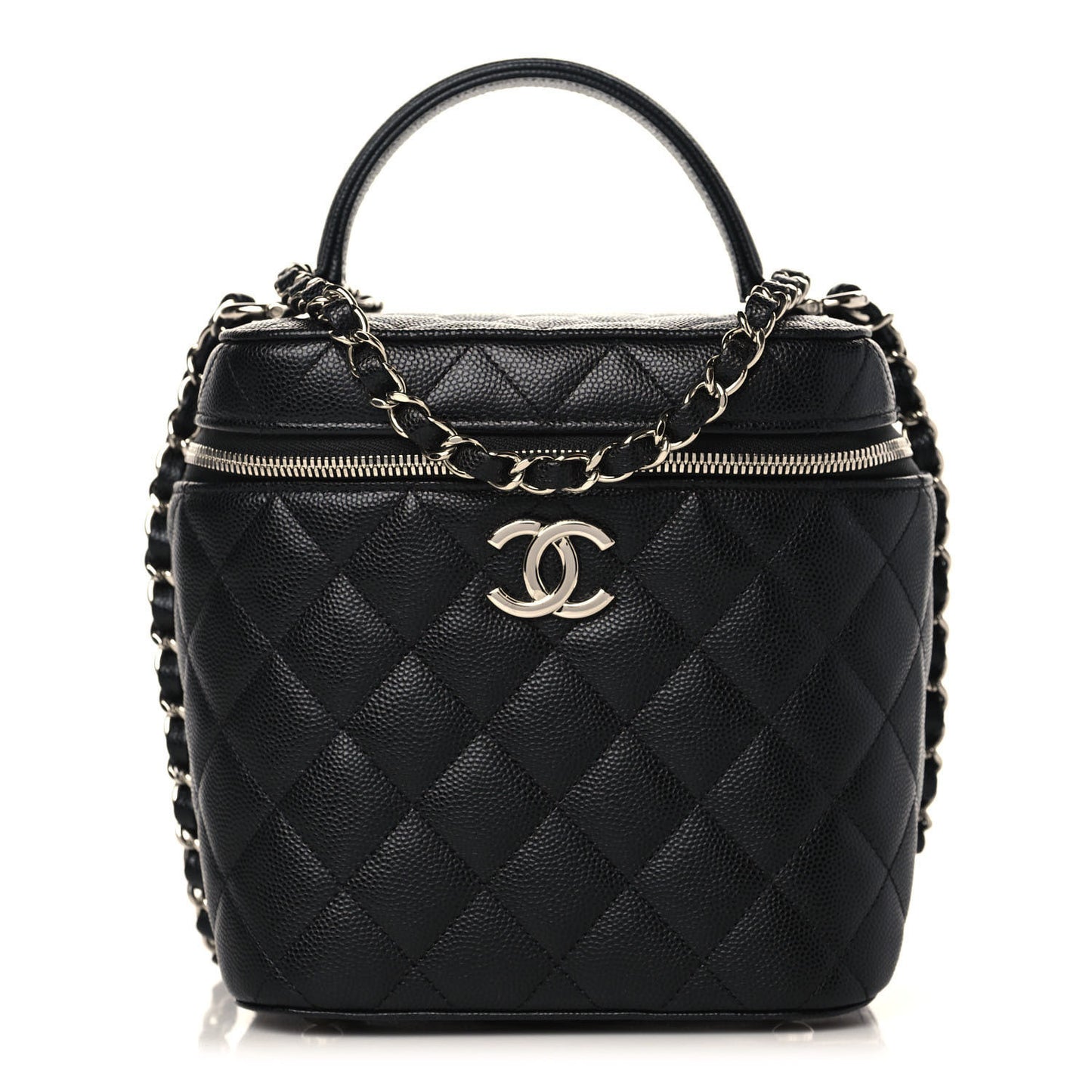 Caviar Quilted Small Top Handle Vanity Case With Chain Black