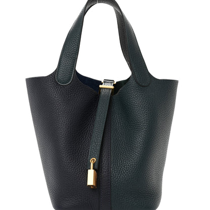 Hermes Taurillon Clemence Casaque Picotin Lock 18 PM Bleu Nuit Vert Bosphore 8 of 11