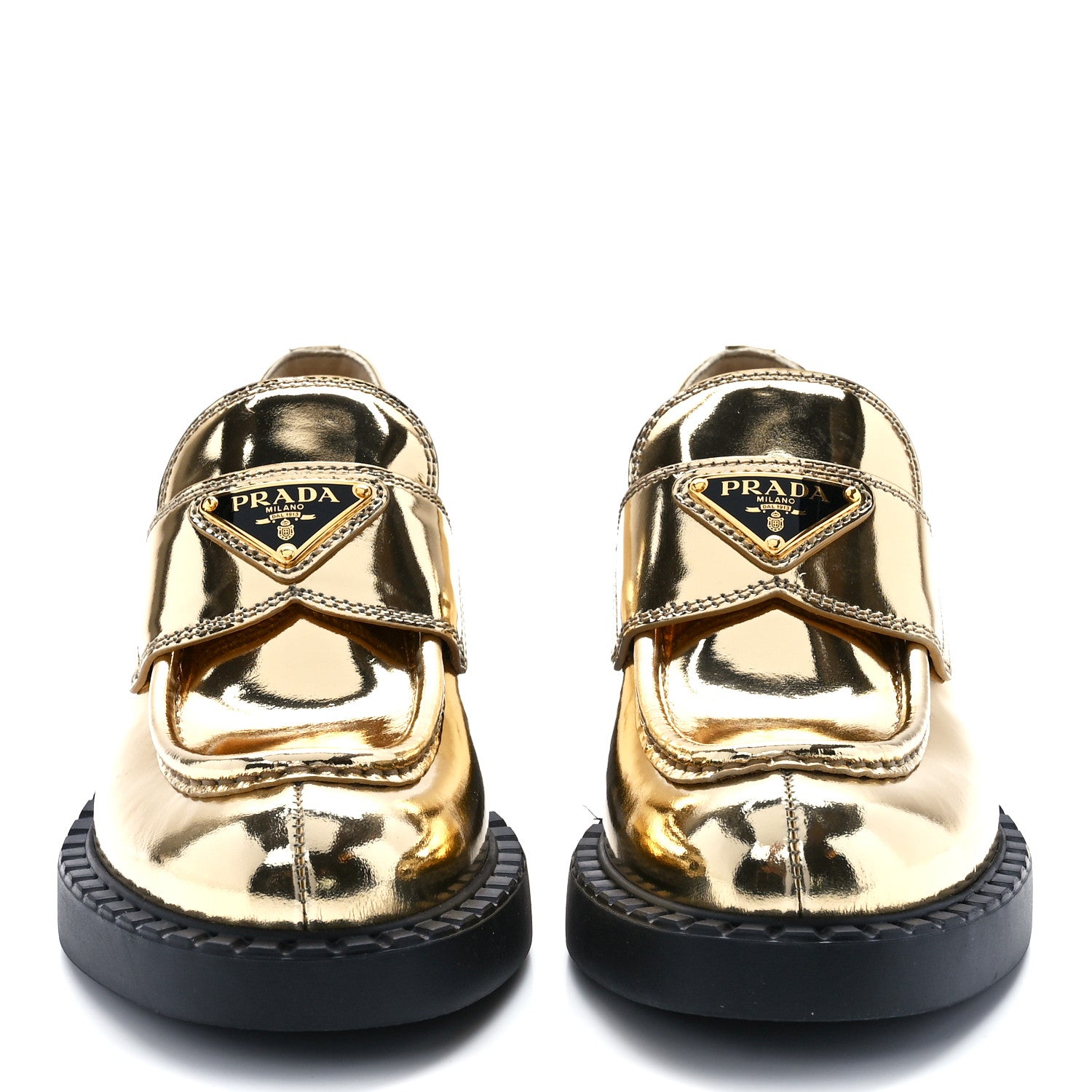 Prada Metallic Brushed Calfskin Metal Triangle Logo 50mm Loafers 35 Platino 2 of 9