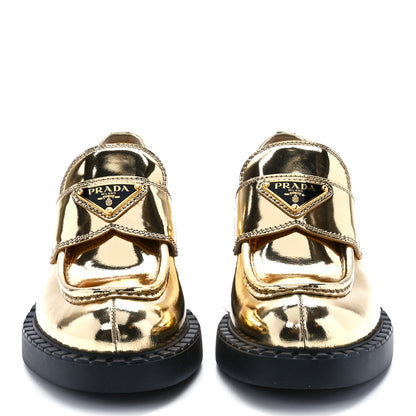 Prada Metallic Brushed Calfskin Metal Triangle Logo 50mm Loafers 35 Platino 2 of 9