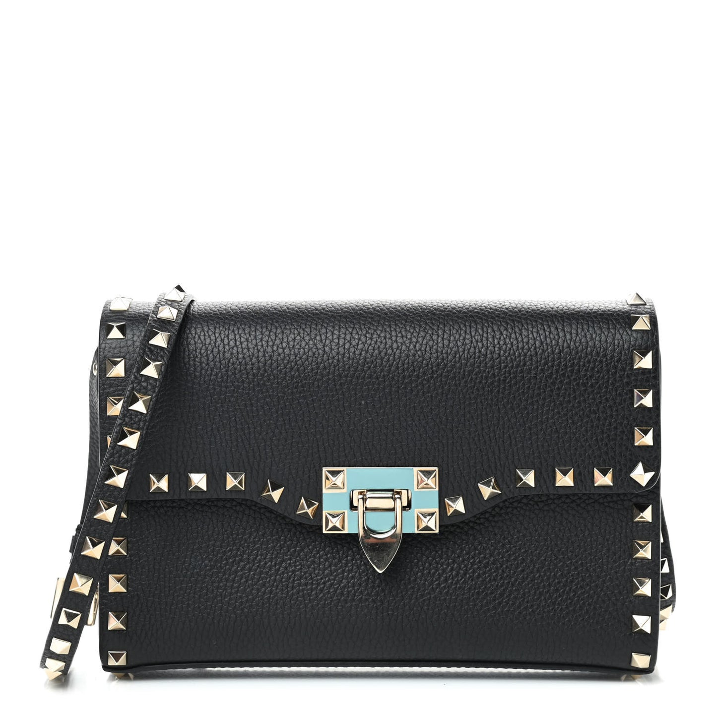 Pebbled Calfskin Medium Rockstud Flip Lock Crossbody Bag Black