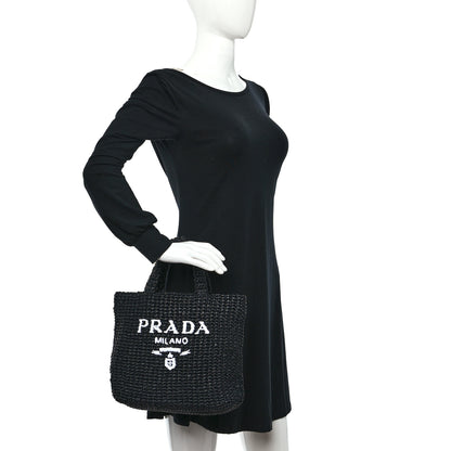 Prada Yarn Raffia Effect Crochet Small Logo Tote Black 2 of 9