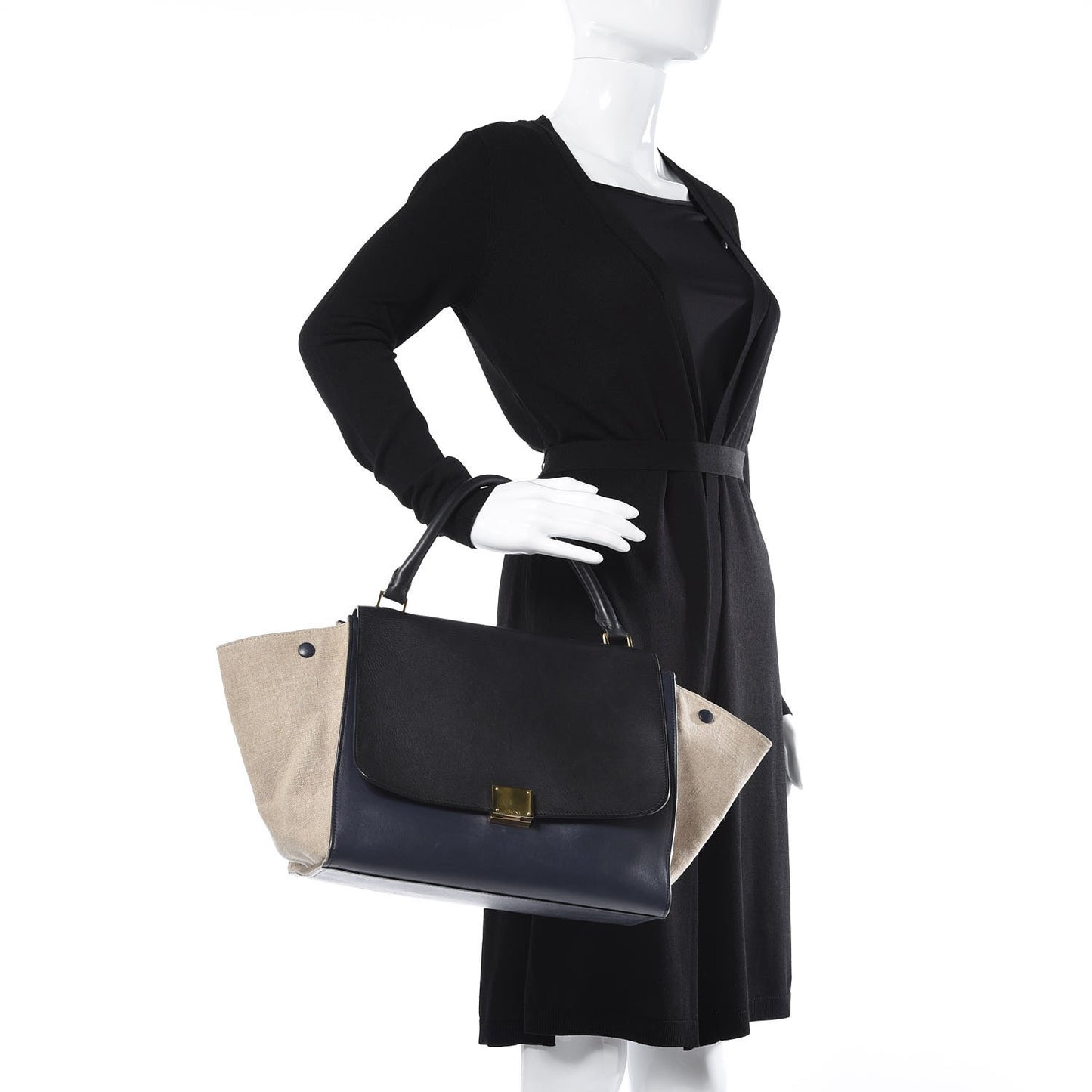 Smooth Calfskin Linen Medium Tri-Color Trapeze Black Navy Blue