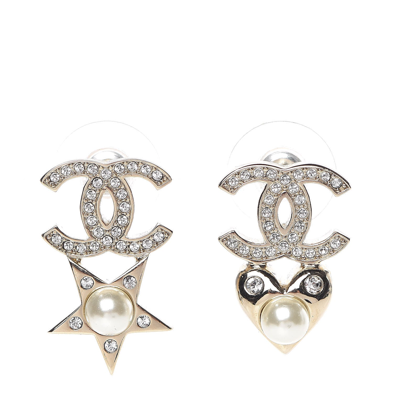 Chanel Crystal Pearl Charming Winter CC Star Heart Earrings Gold 1 of 5