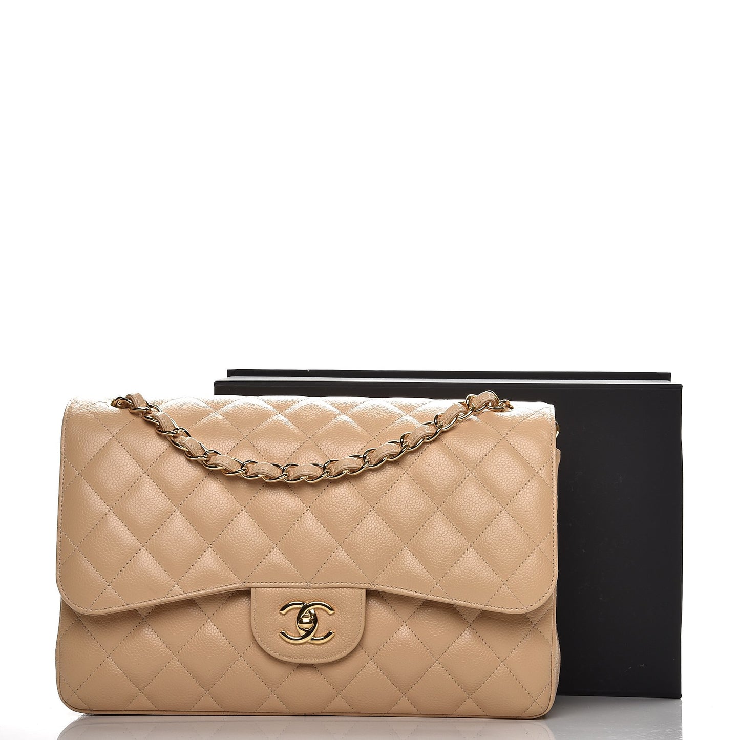 Caviar Quilted Jumbo Double Flap Beige