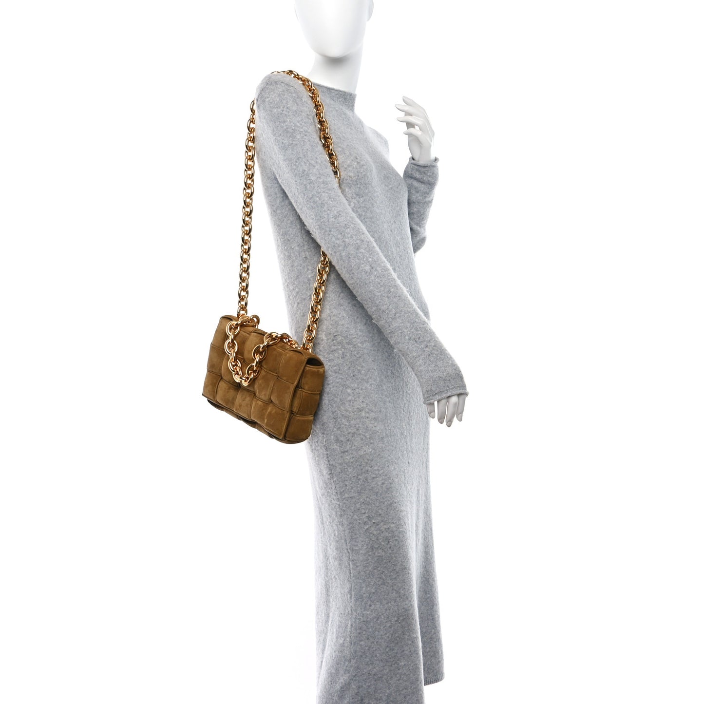 Suede Maxi Intrecciato Padded Chain Cassette Crossbody Bag Taupe