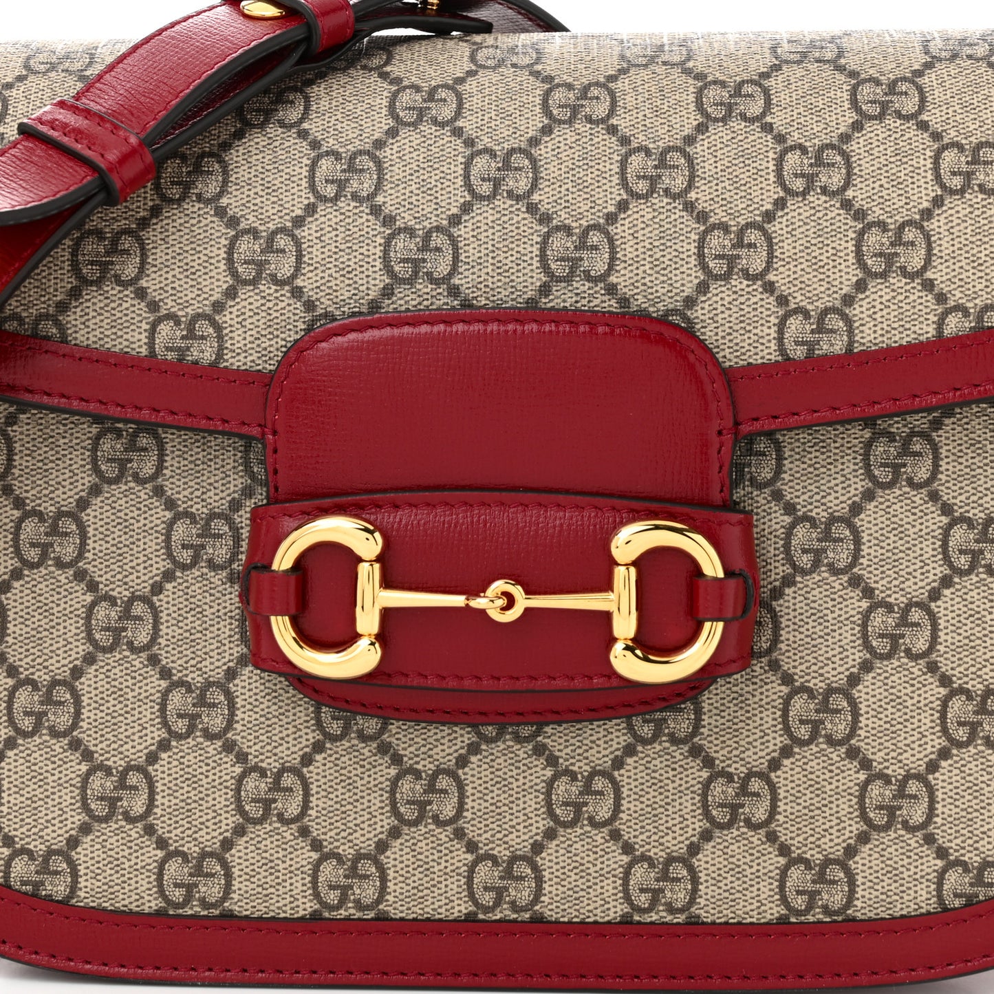 GG Supreme Monogram Azalea Calfskin Horsebit 1955 Shoulder Bag Beige Ebony New Cherry Red