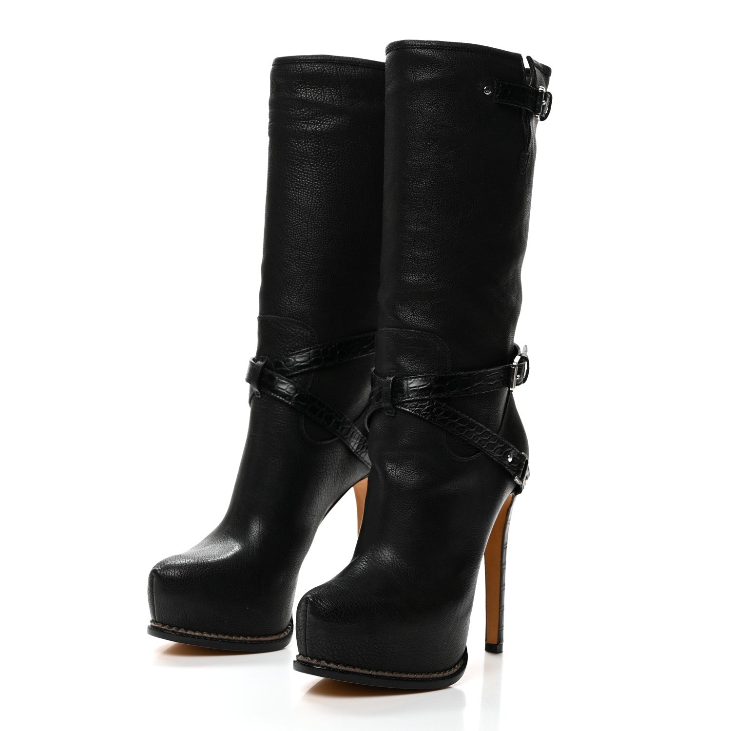 Christian Dior Grained Calfskin Crocodile Embossed Platform Boots 38 Black 3 of 8