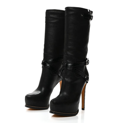 Christian Dior Grained Calfskin Crocodile Embossed Platform Boots 38 Black 3 of 8