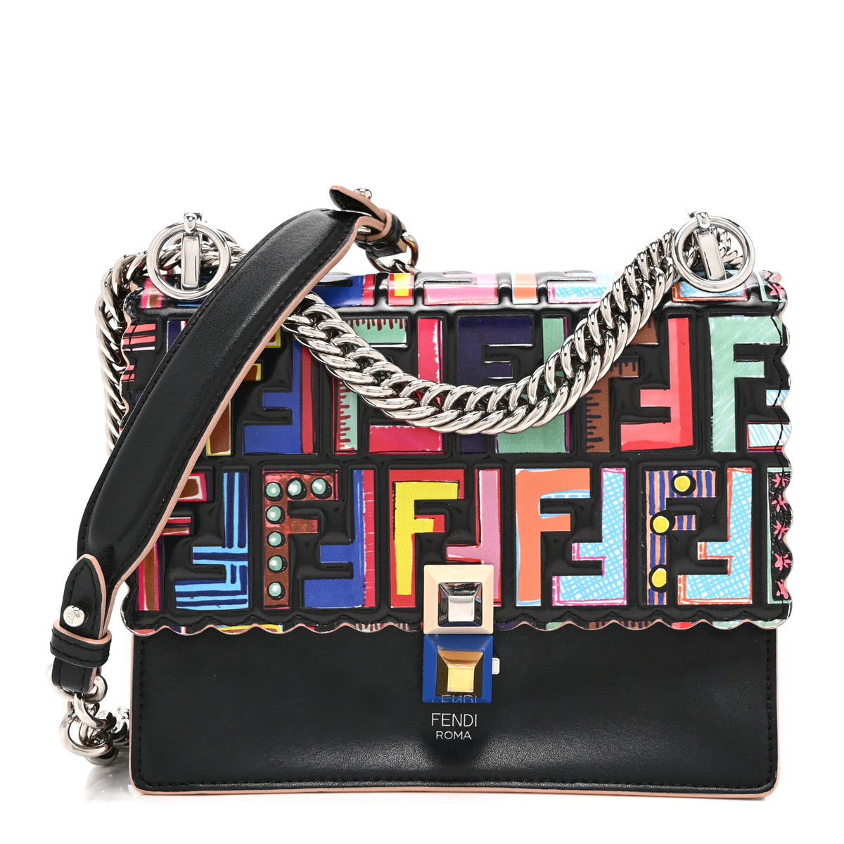 Fendi Vitello Liberty Fun Fair Embossed Scalloped Kan I Shoulder Bag Black Multicolor 1 of 11