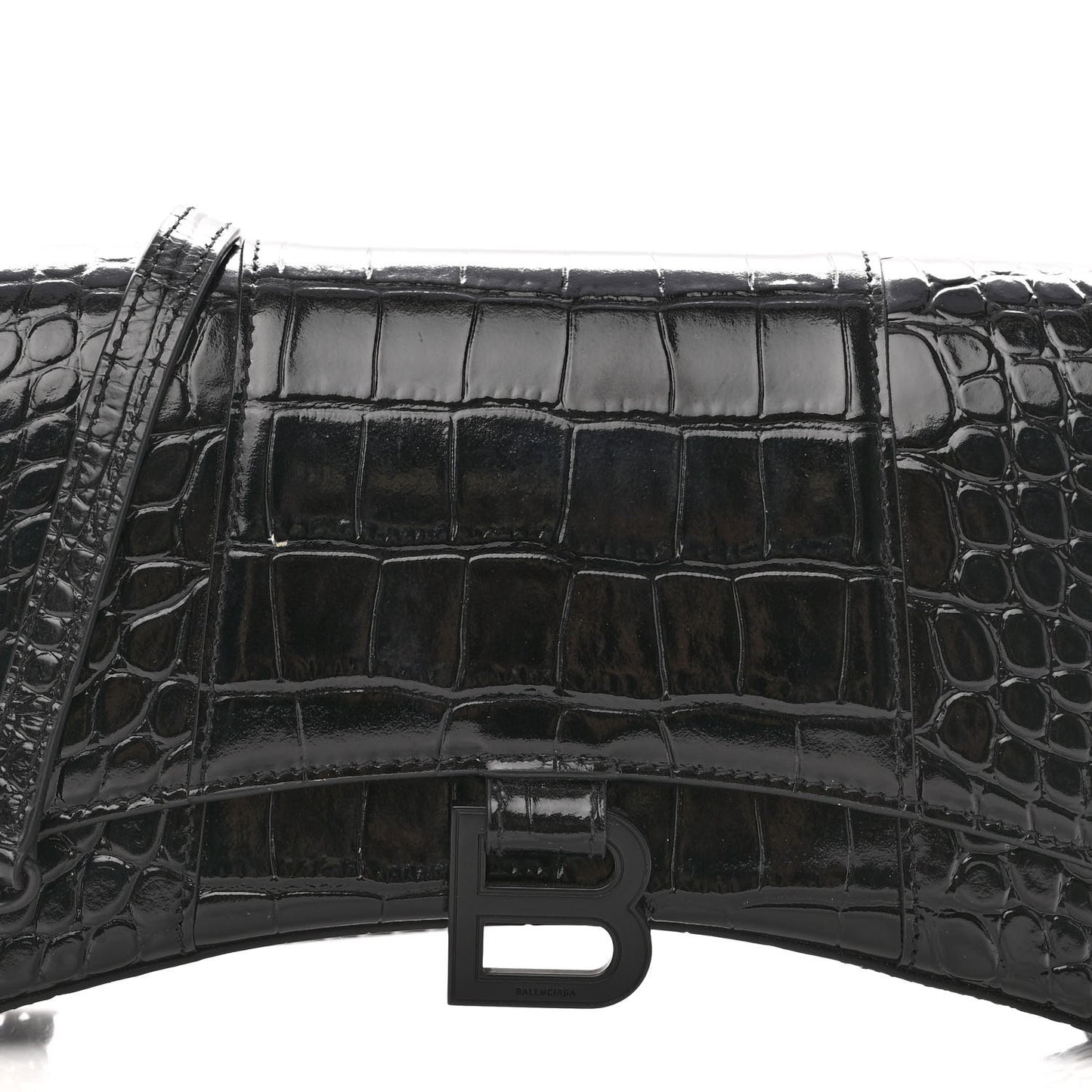 Shiny Calfskin Monochrome Crocodile Embossed Small Hourglass Evening Chain Bag Black