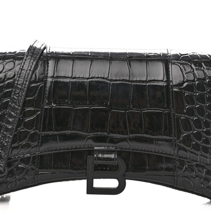 Balenciaga Shiny Calfskin Monochrome Crocodile Embossed Small Hourglass Evening Chain Bag Black 6 of 9