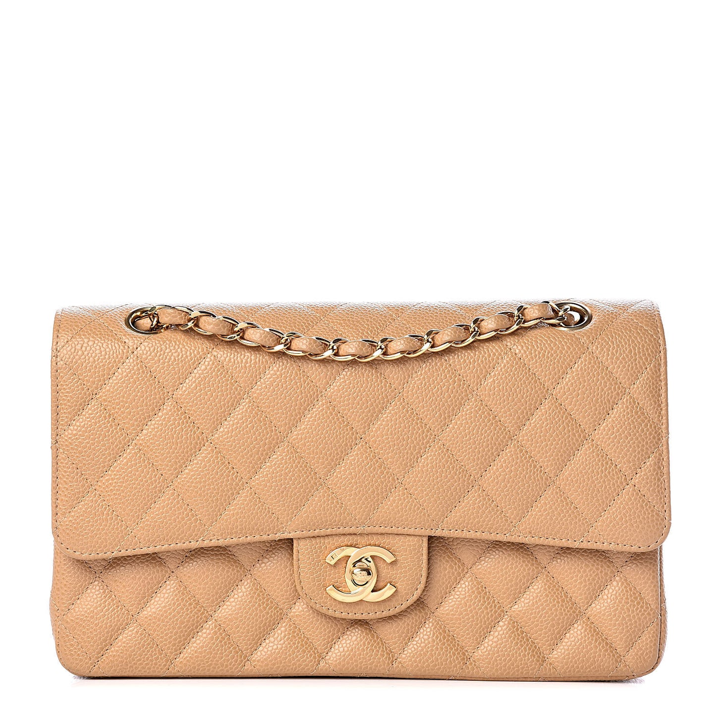 Caviar Quilted Medium Double Flap Beige