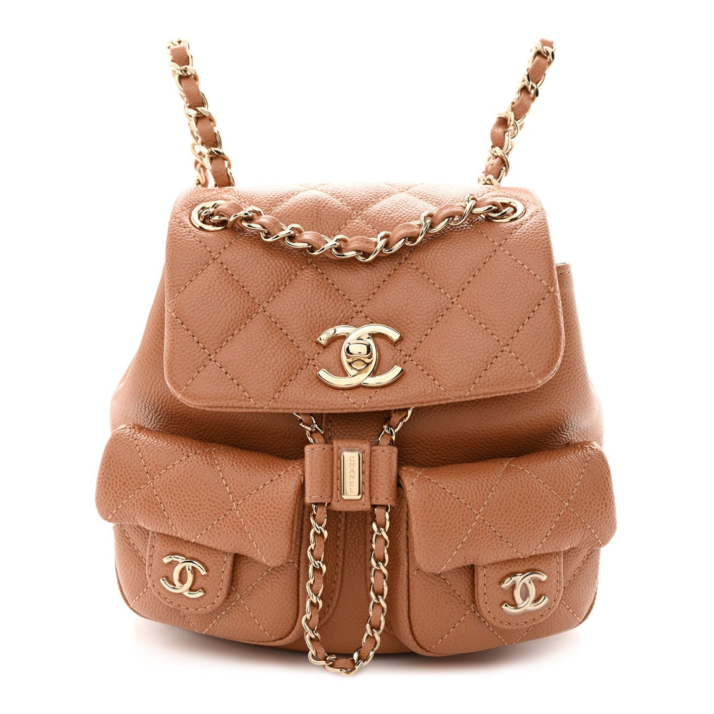 Shiny Caviar Quilted Small Duma Pockets Drawstring Backpack Dark Beige