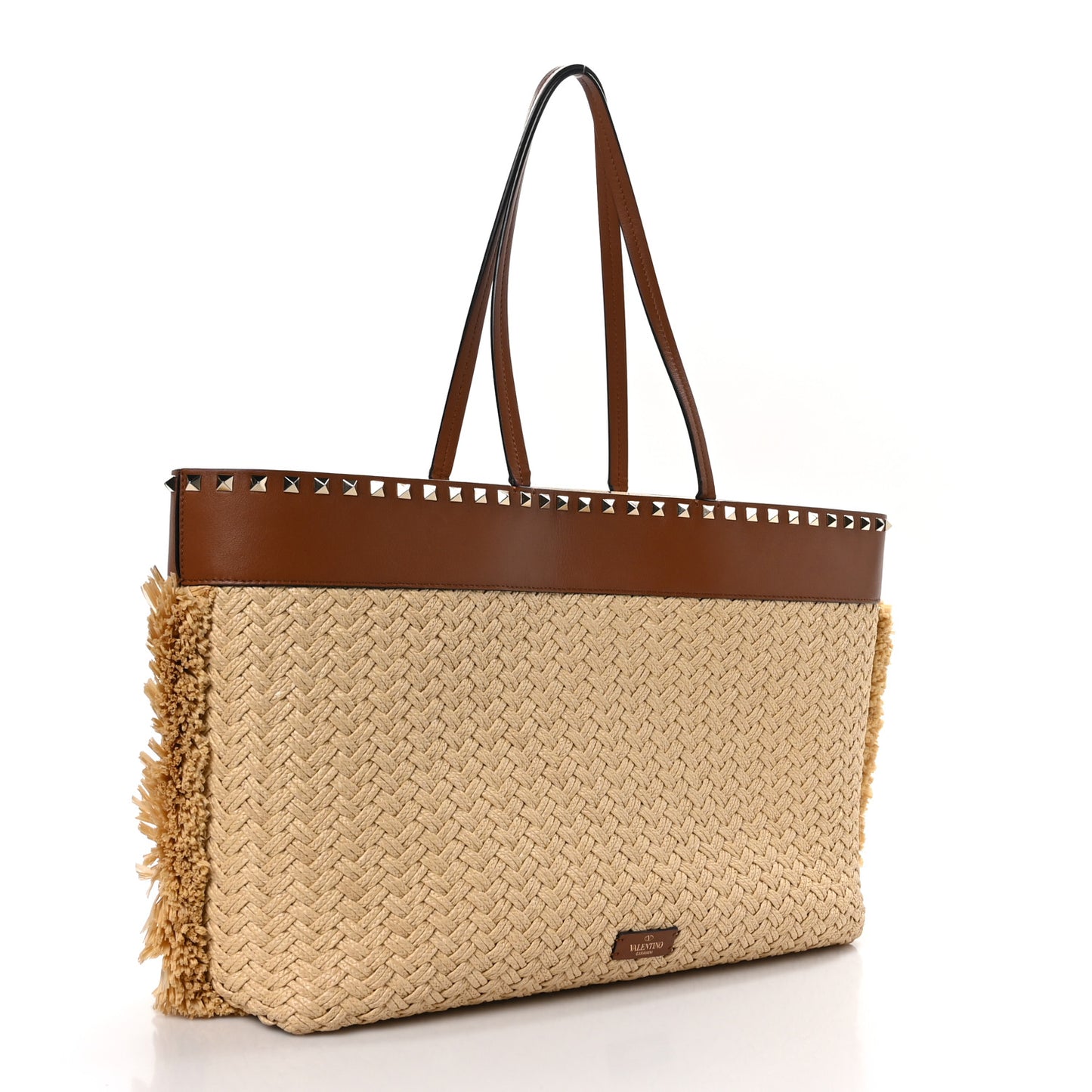 VALENTINO GARAVANI Raffia Calfskin Rockstud Shoulder Tote Naturale Saddle Brown