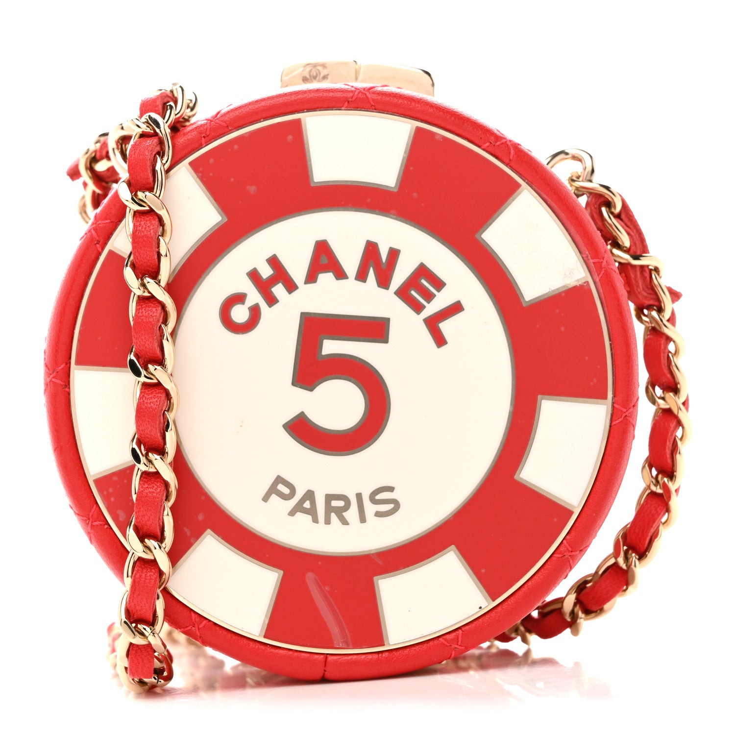 Chanel Lambskin Enamel Quilted Round Poker Chip Clutch With Chain Red White 1 of 12
