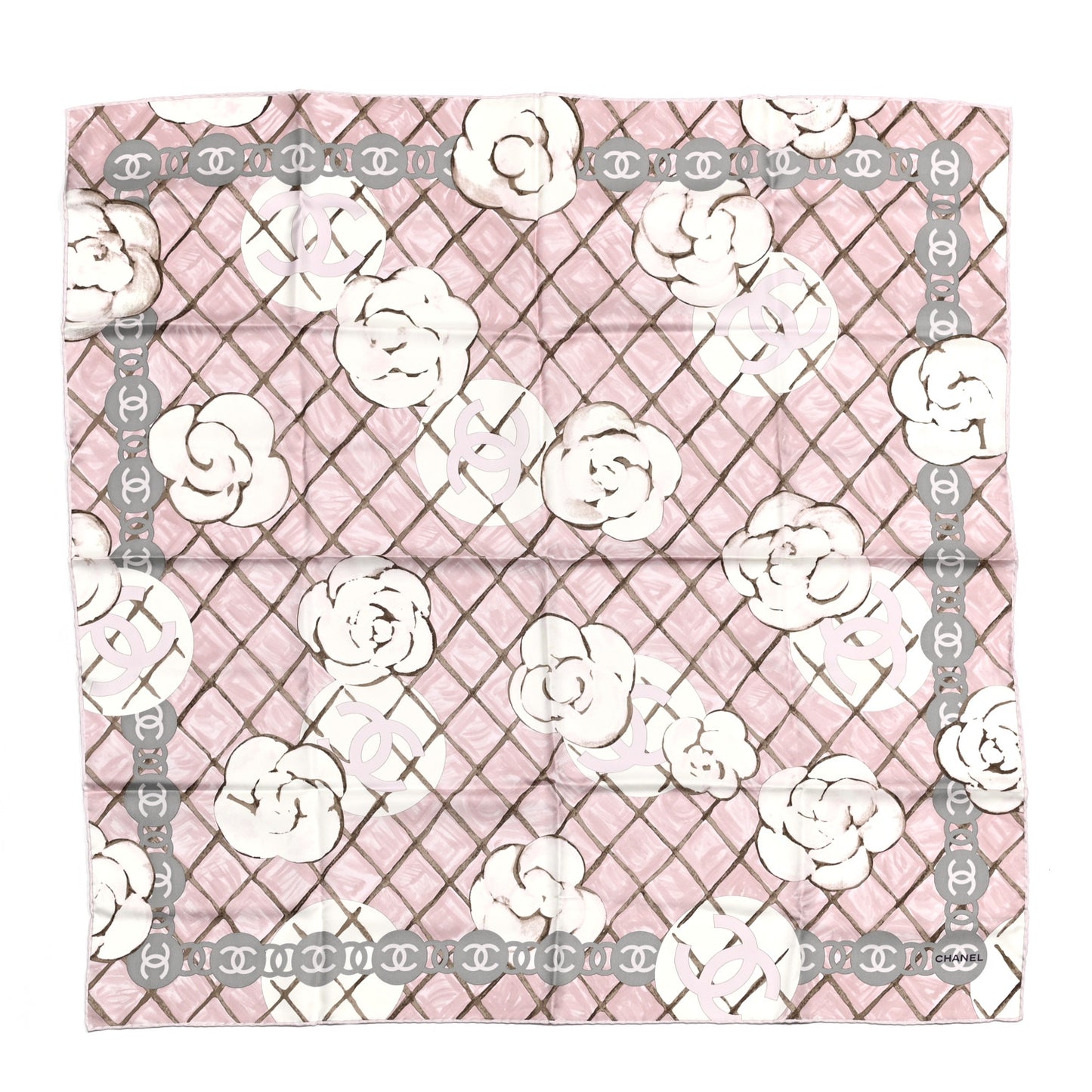 Silk CC Logo Camellia Scarf White Pink