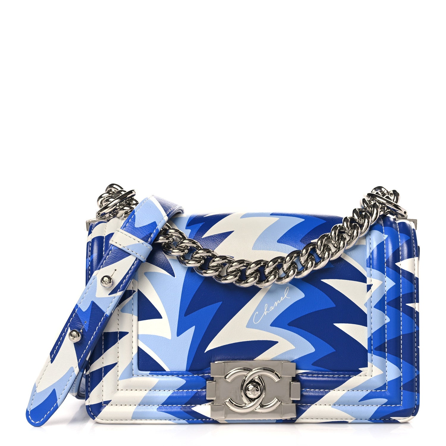 Chanel Printed Calfskin Small Boy Flap Blue White 1 of 9