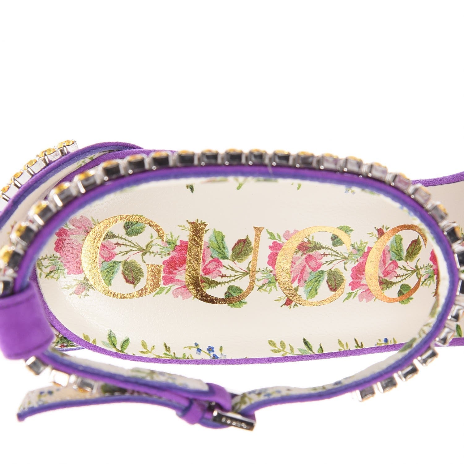 Gucci Kid Scamosciato Crystal Ankle Strap High Heel Sandals 37.5 Light Topaz Shine Purple 7 of 8