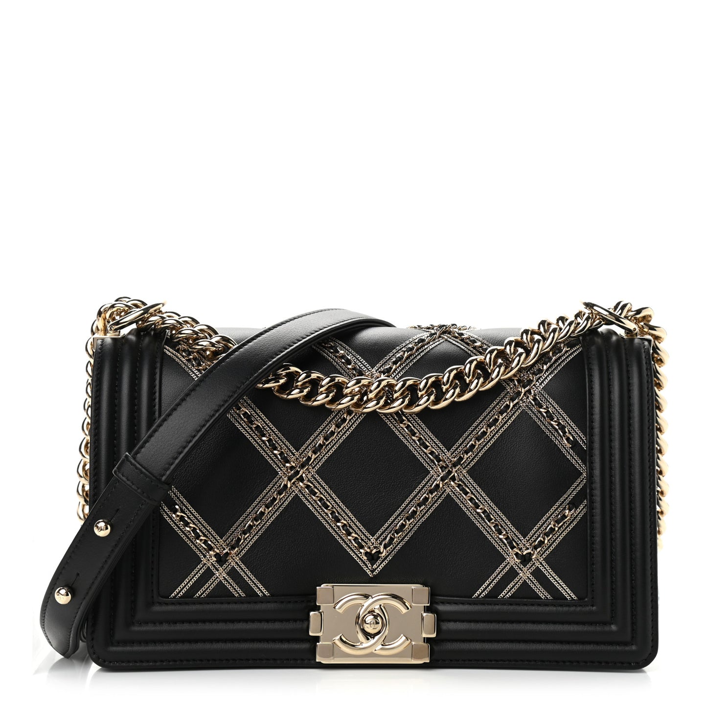 Calfskin Quilted Medium Chain Boy Flap Black