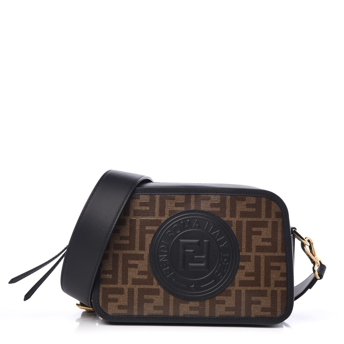 Glazed Fabric Vitello Century F is Fendi FF 1974 Stamp Patch Camera Case Mogano Panna Black