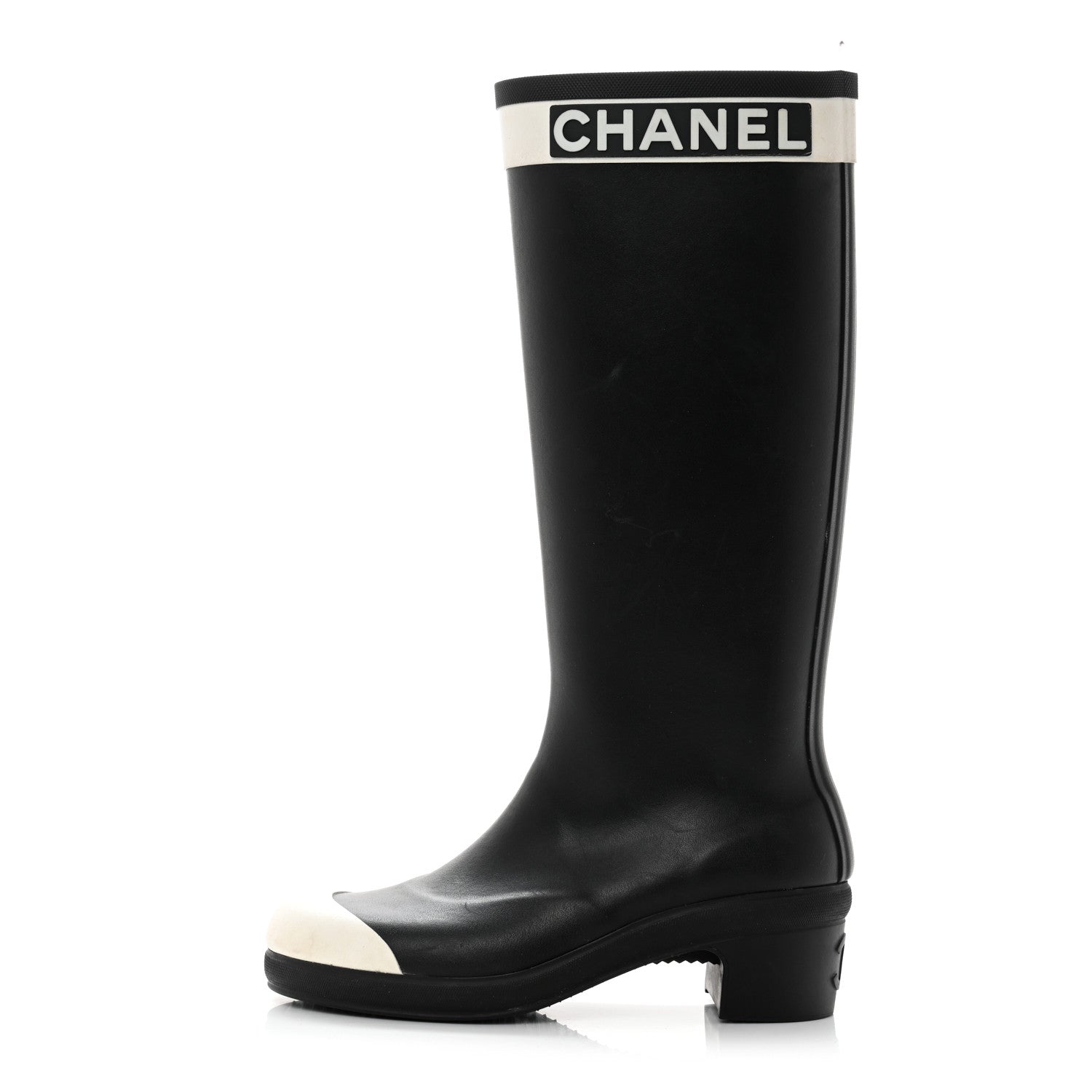 Chanel Rubber Logo Rain Boots 39 Black White 1 of 6
