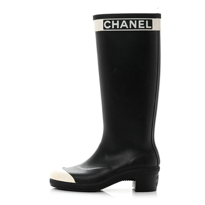 Chanel Rubber Logo Rain Boots 39 Black White 1 of 6