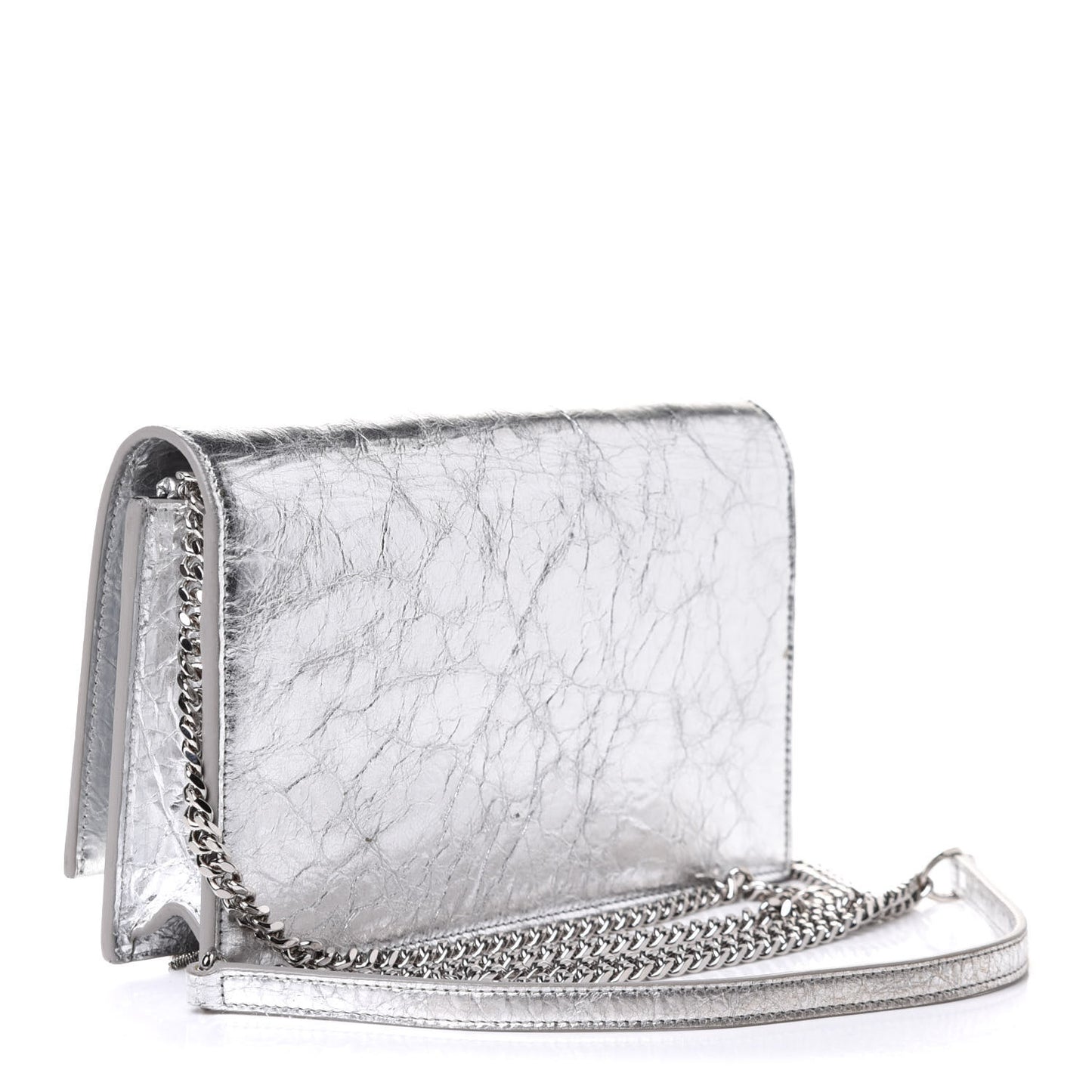Metallic Crackled Calfskin Kate Monogram Tassel Chain Wallet Argento