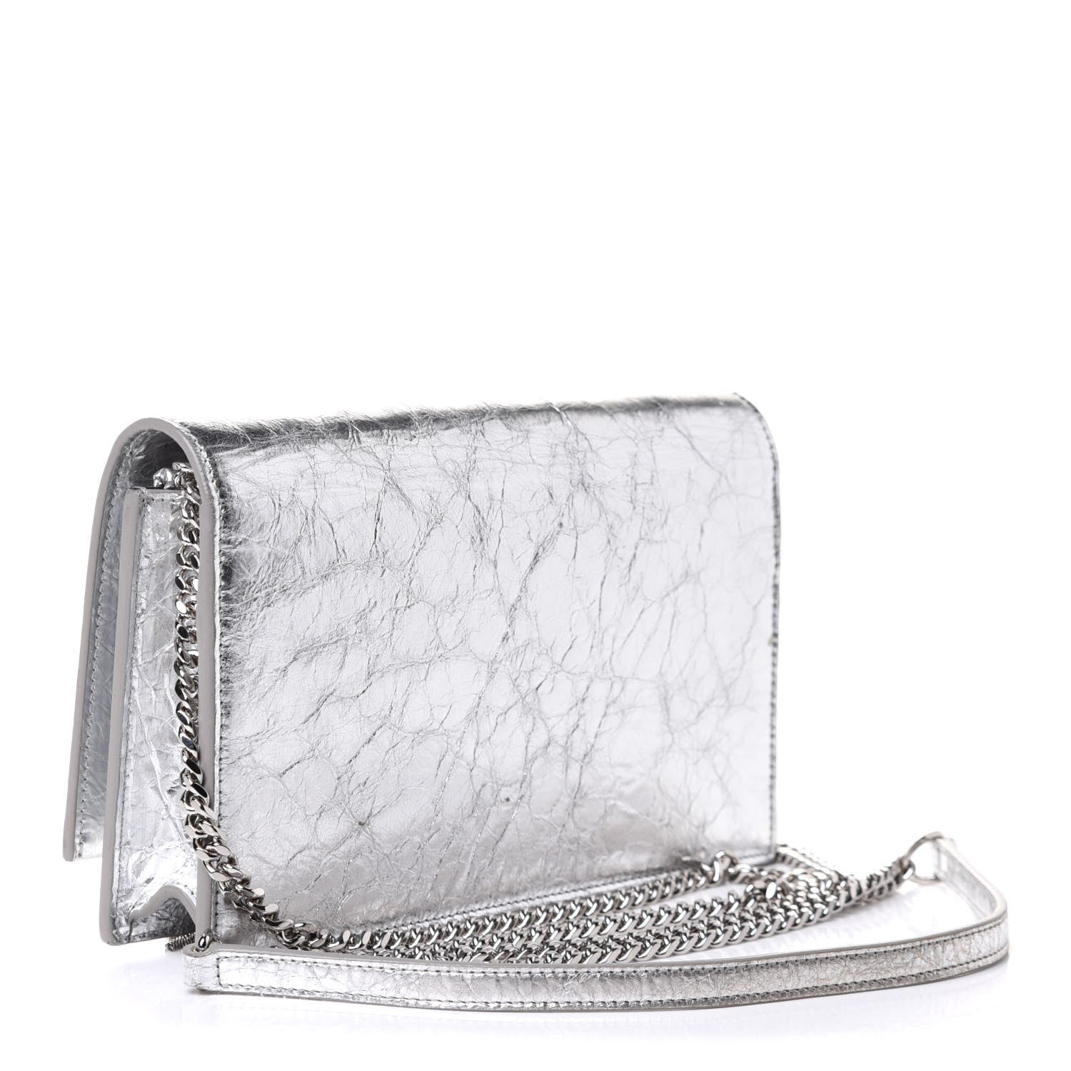 Saint Laurent Metallic Crackled Calfskin Kate Monogram Tassel Chain Wallet Argento 4 of 12