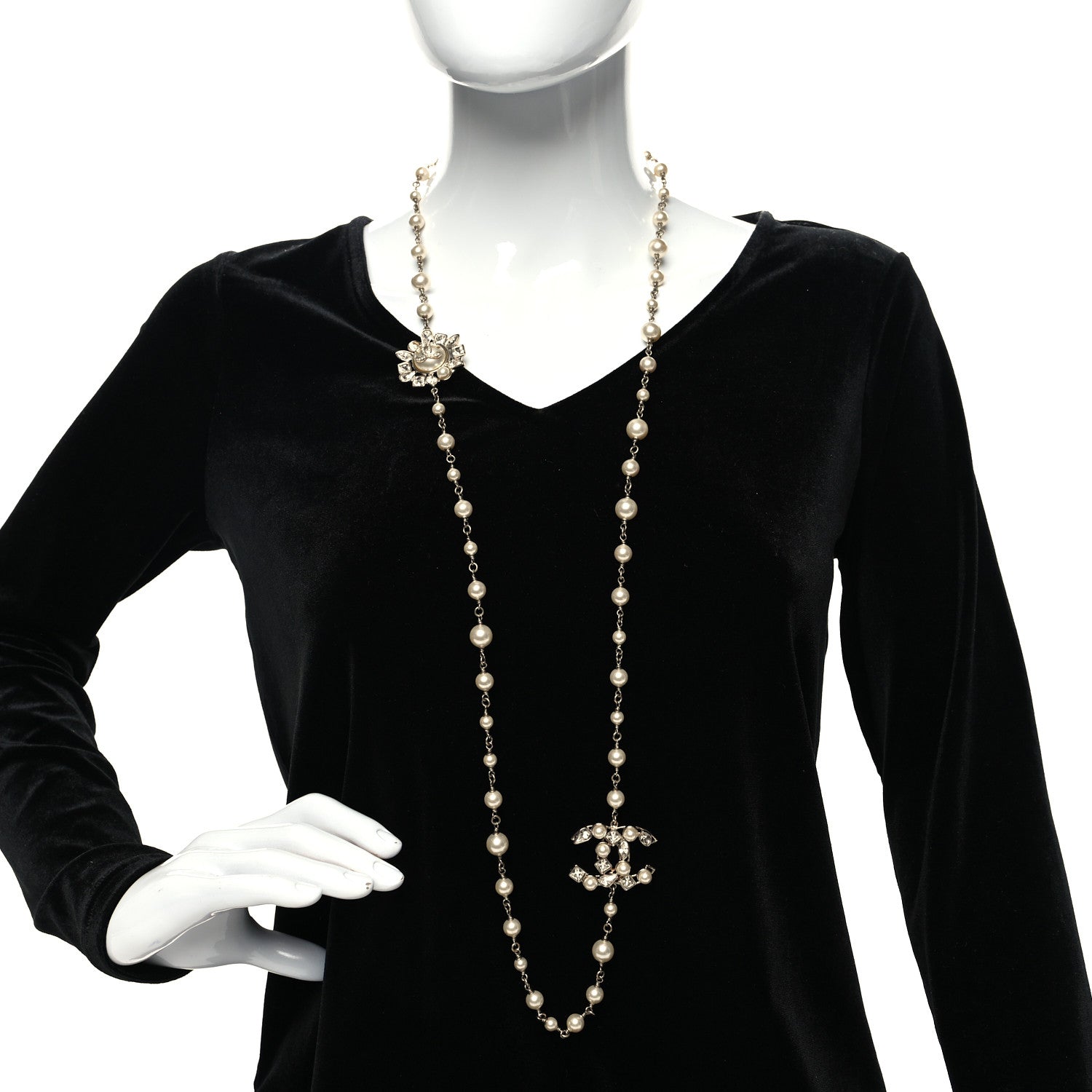 Chanel Metal Glass Pearl Strass Snowfall Necklace Light Gold 2 of 6