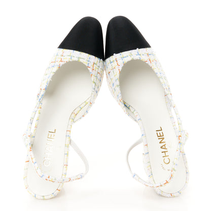 Chanel Tweed Grosgrain Cap Toe CC Slingback Pumps 40.5 White Multicolor 2 of 10