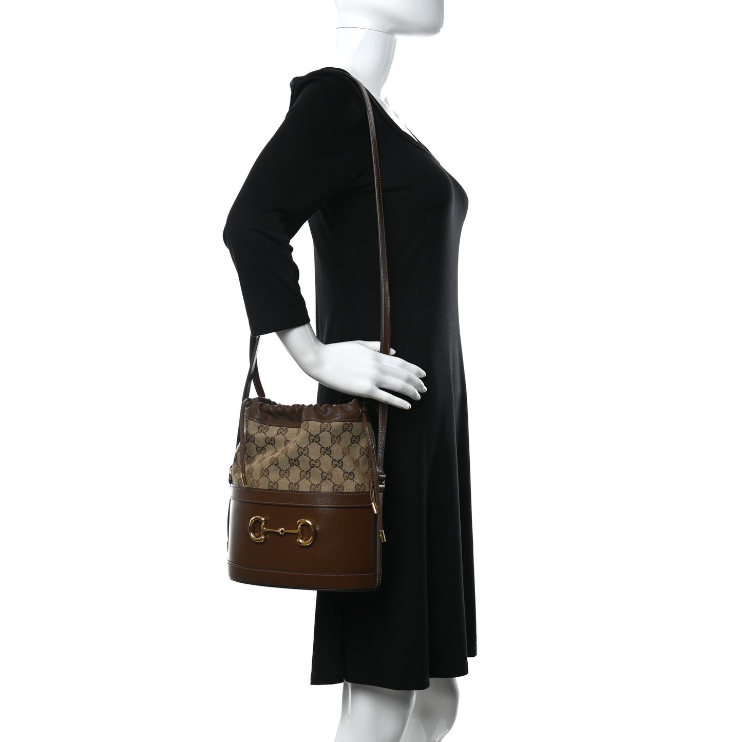 Monogram Textured Calfskin Horsebit 1955 Drawstring Bucket Bag Beige Brown Sugar