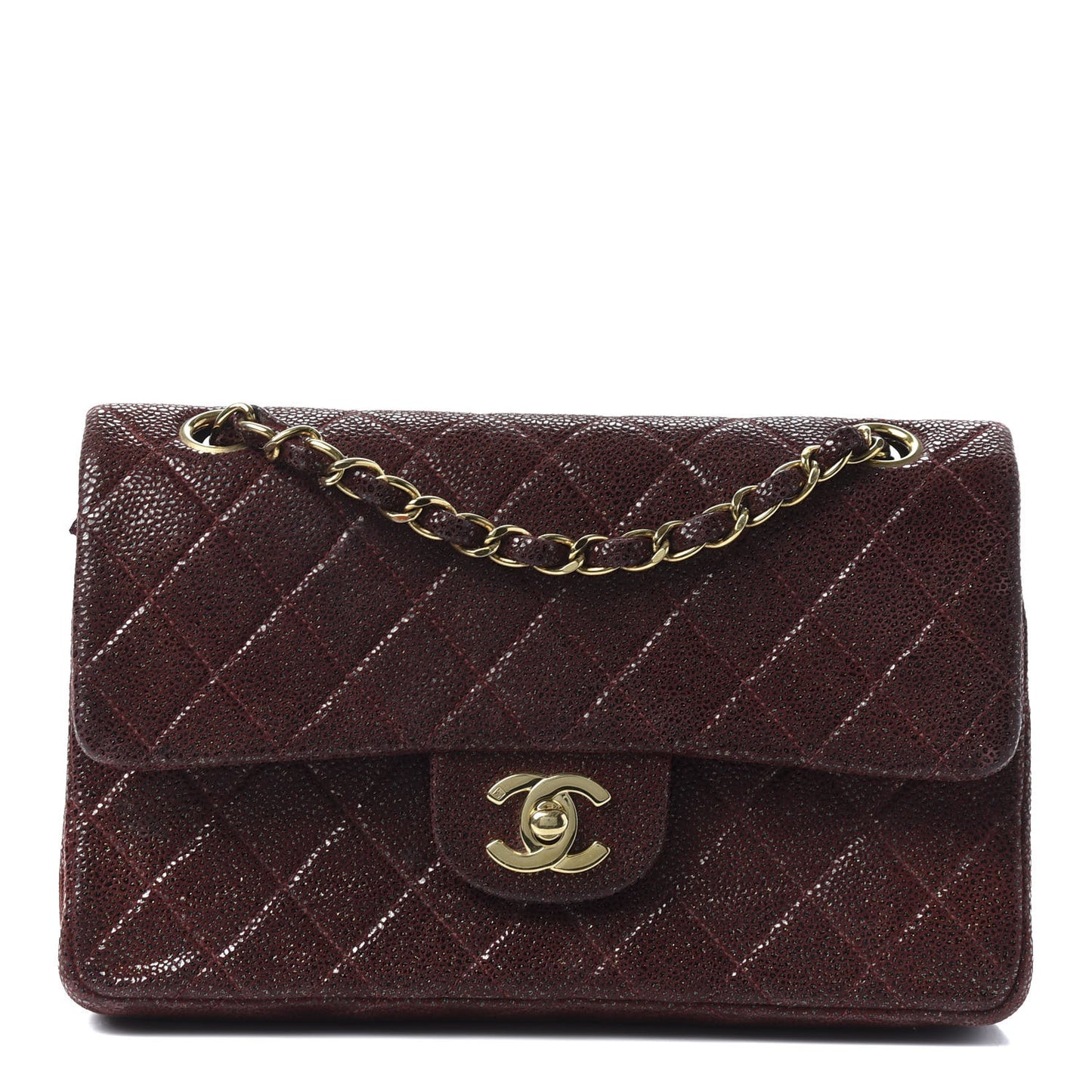 Iridescent Caviar Quilted Medium Double Flap Burgundy