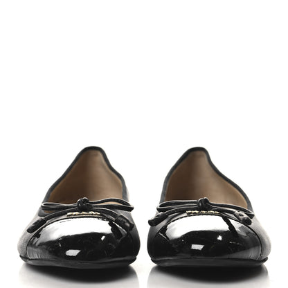 Prada Nappa Vernice Cap Toe Logo Bow Ballerina Flats 37.5 Black 3 of 9
