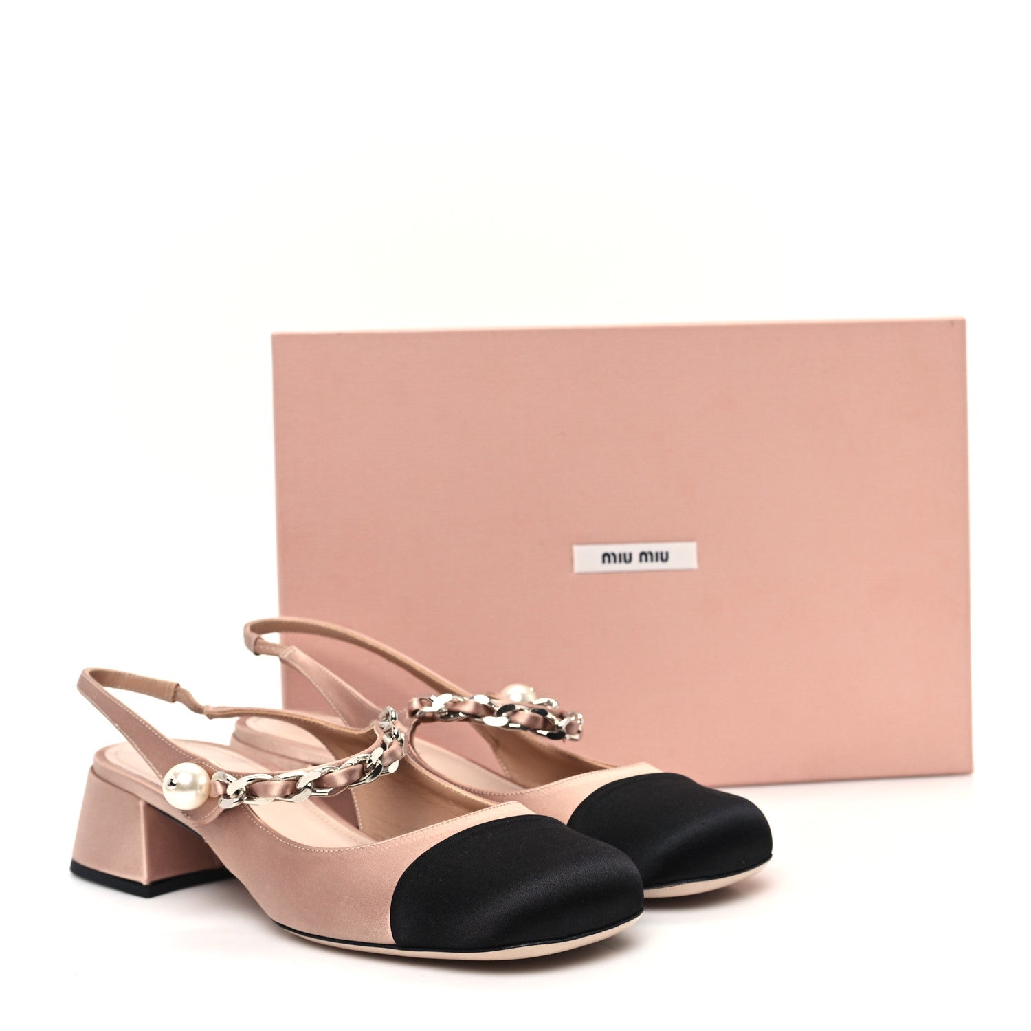 Miu Miu Satin Chain Pearl Slingback Pumps 39 Cammeo Black 9 of 9