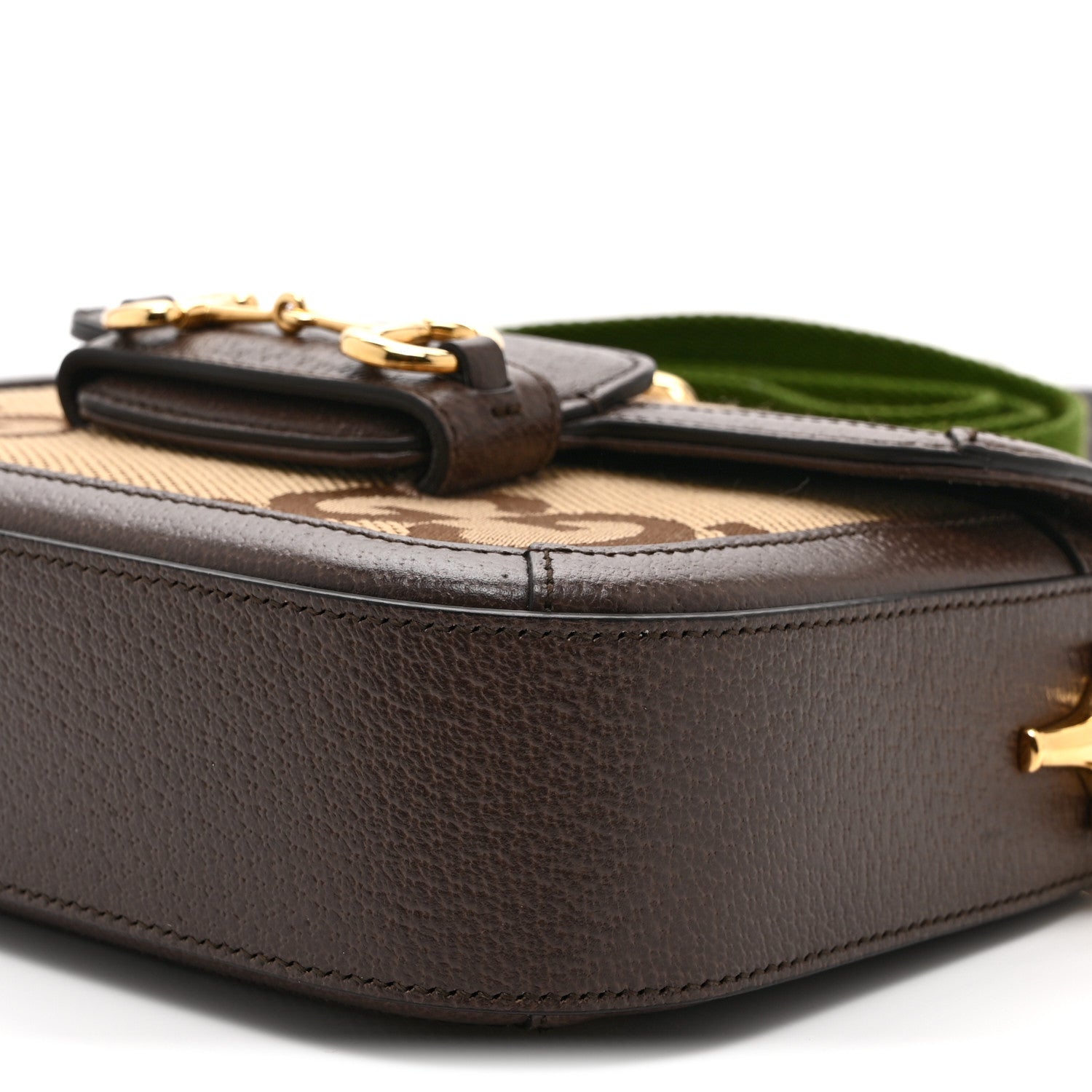 Gucci Monogram Jumbo GG Textured Dollar Calfskin Web Mini Horsebit 1955 Shoulder Bag Camel Ebony New Acero 11 of 11