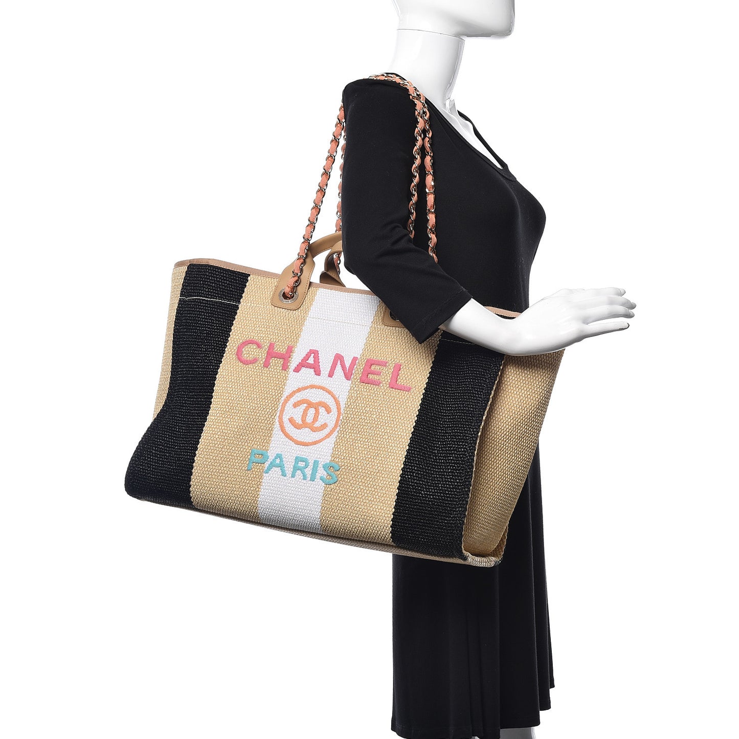 Straw Raffia Calfskin Striped Large Deauville Tote Black Beige Ivory