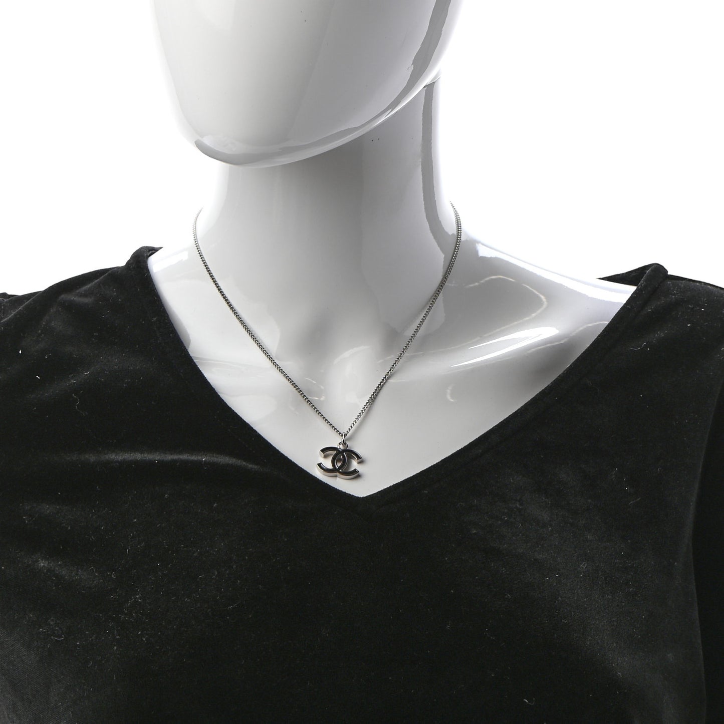 Enamel CC Pendant Necklace Black Silver