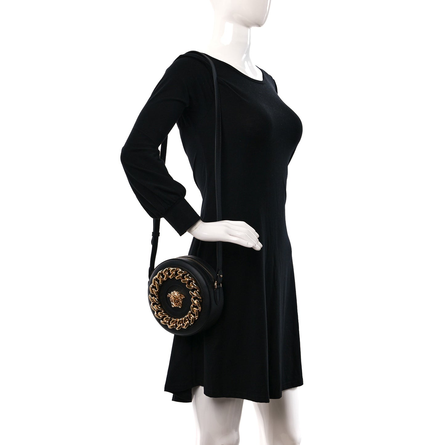 Calfskin Mini La Medusa Chain Round Crossbody Bag Black