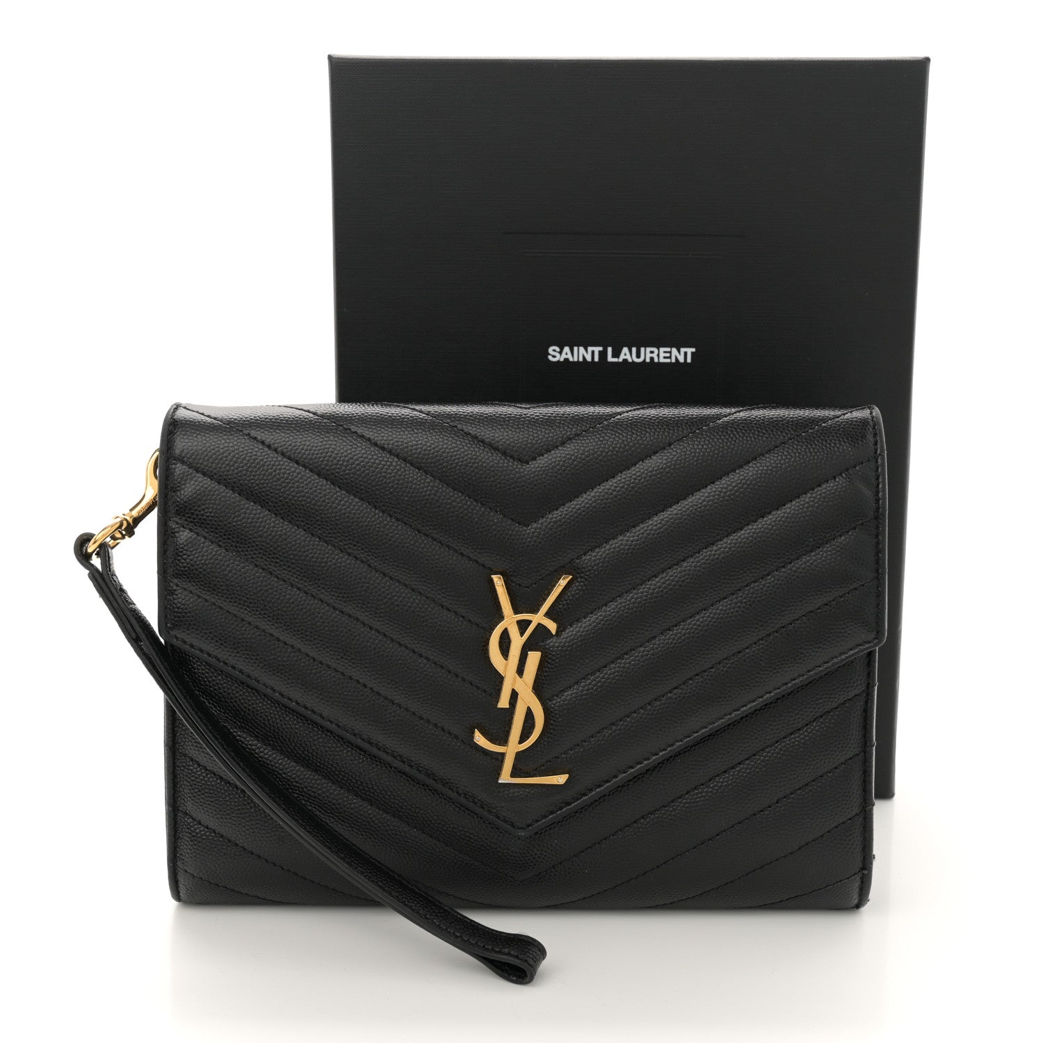 Saint Laurent Grain De Poudre Matelasse Chevron Monogram Cassandre Flap Pouch Black 10 of 10