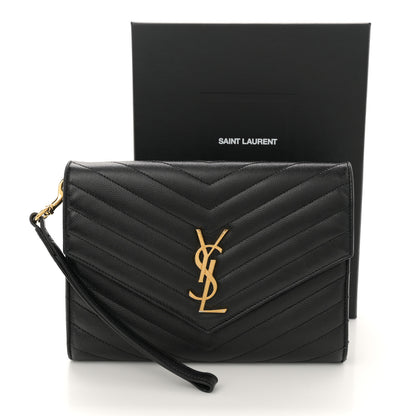 Saint Laurent Grain De Poudre Matelasse Chevron Monogram Cassandre Flap Pouch Black 10 of 10